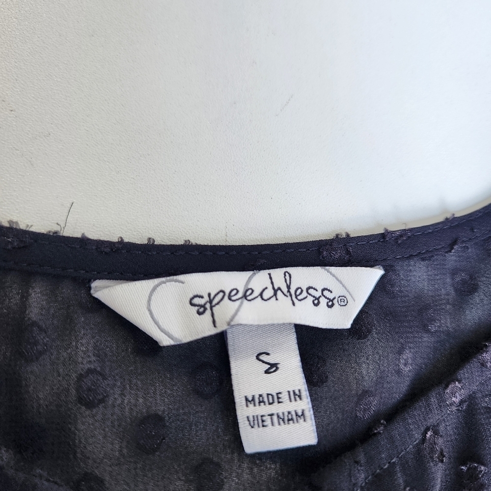 Speechless Women's Black Swiss Dot Tie Neck Mini 3/4 Sleeve Dress Sz S - Picture 6 of 13
